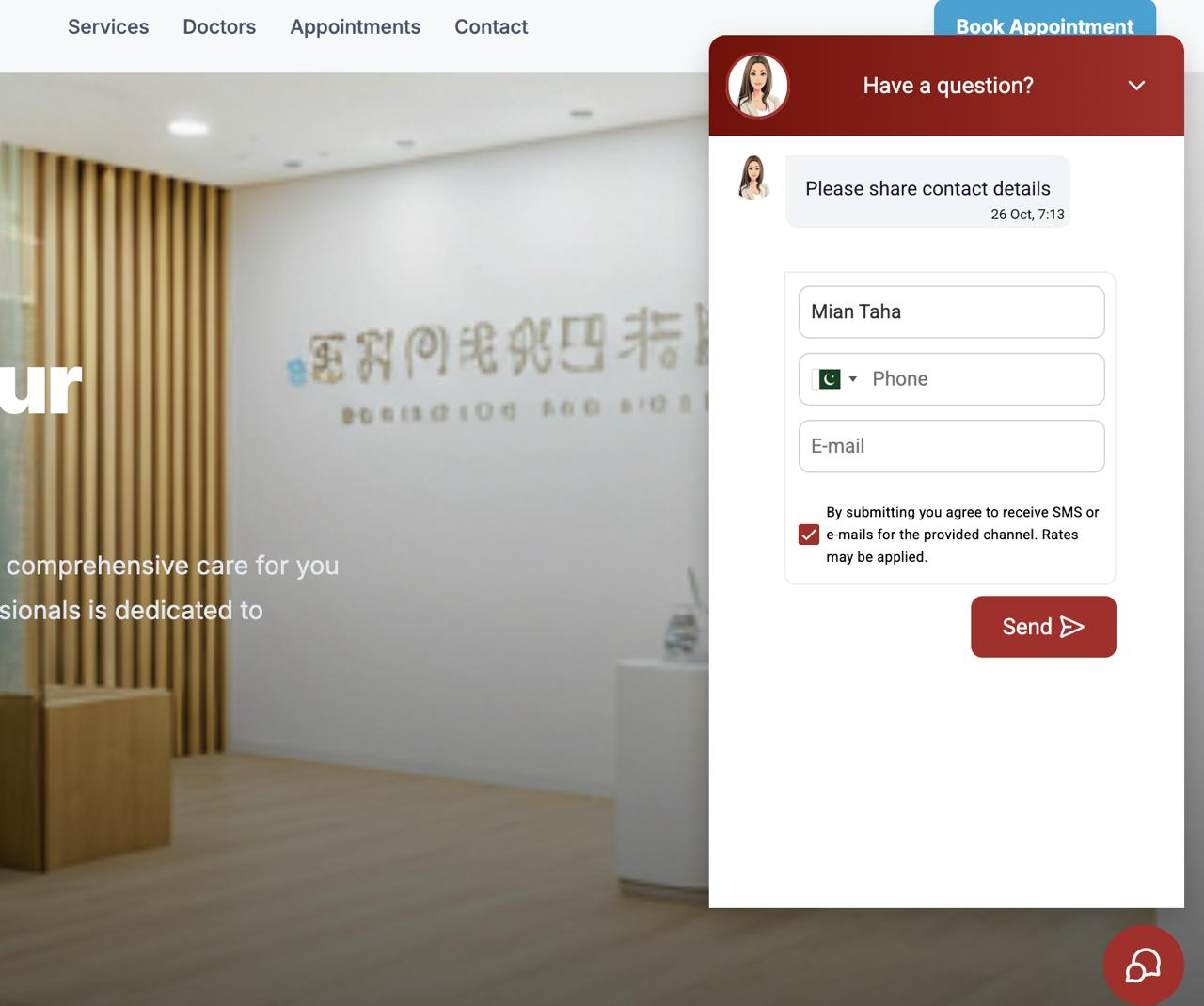 RAG chatbot widget on a clinic site